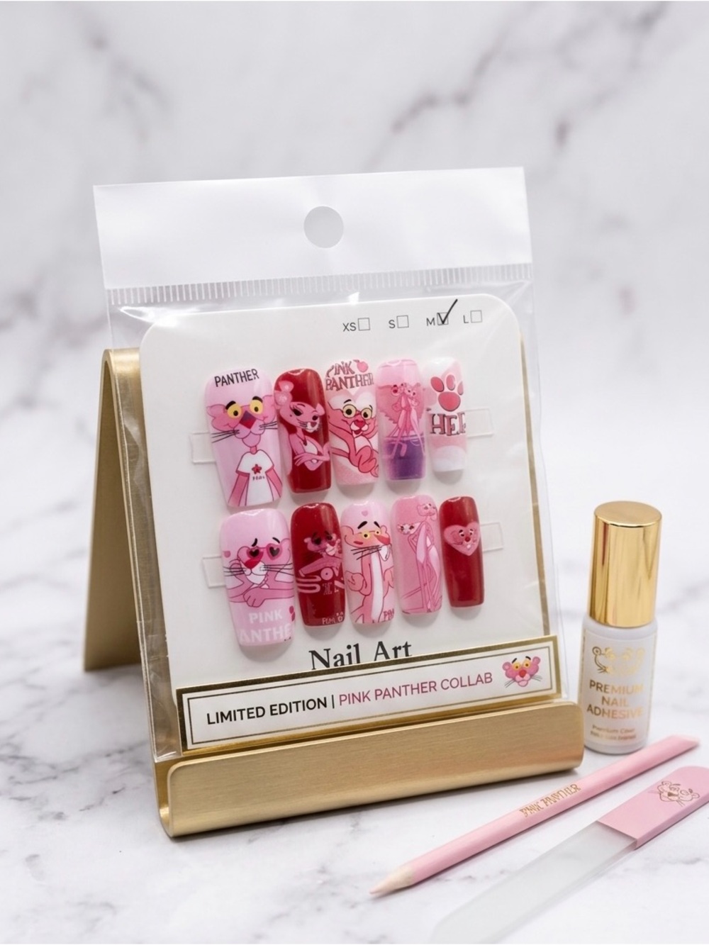 Pink Panther Press-On Nail Set - Pink & Red Cartoon Design